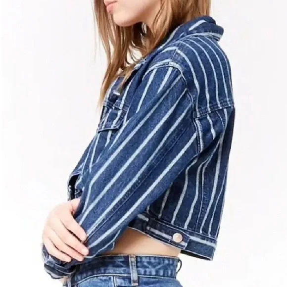 Forever 21 White Pinstripe Striped Cropped Denim Jacket - Picture 4 of 13